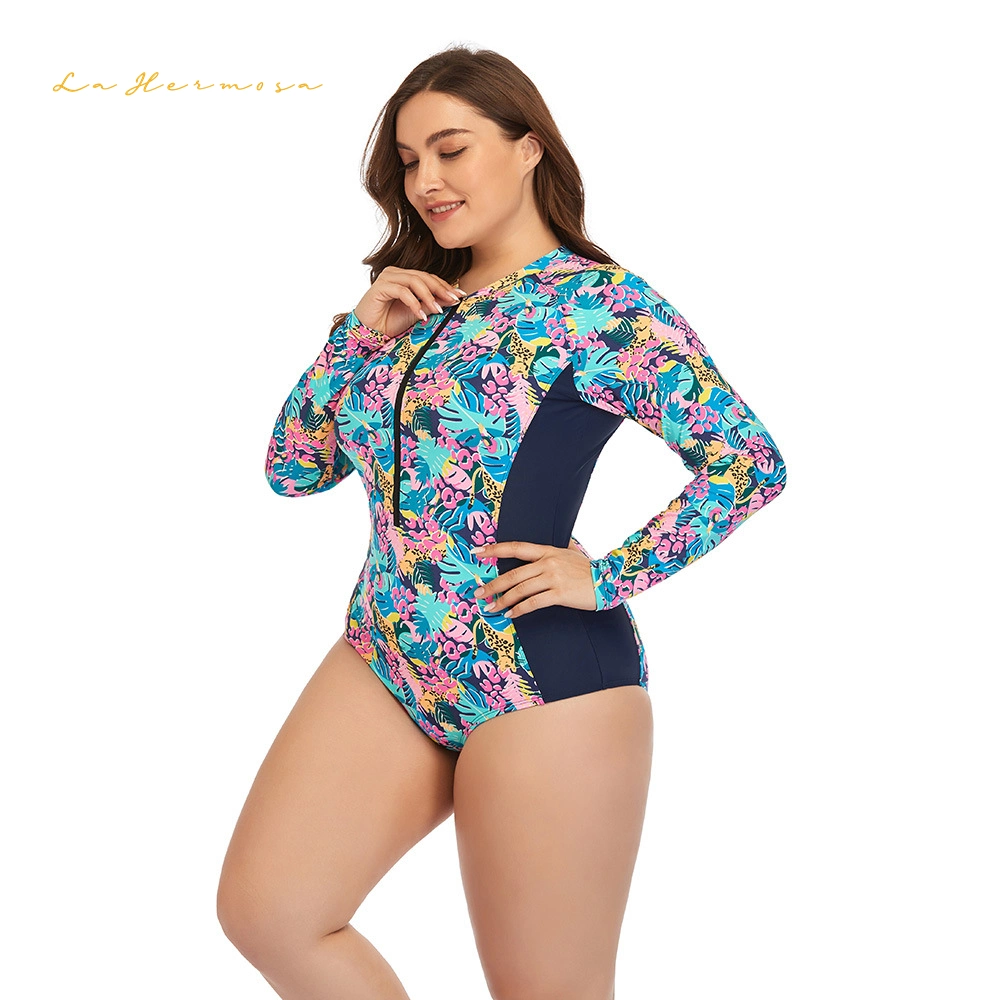 Summer Women Plus Size One-Piece Long Sleeves Zipper Printing Swimwear with Chest Pad Without Underwire Sporty Bathing Suit Wholesale Swimsuit